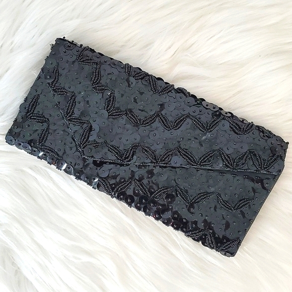 Vintage Handbags - Vintage Full Sequin Beaded Black Flapper Style Clutch Wallet Gothic Hong Kong
